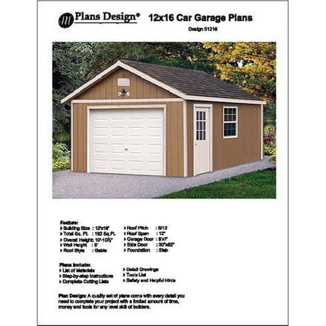 Plans de Projet de Garage pour Voiture 12 Pieds X 16 Pieds - Design No 51216