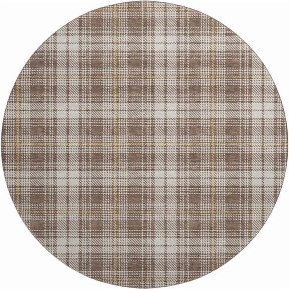 HomeRoots 678224 8 ft. Brown, Ivory & Gold Plaid Washable Round Area Rug with UV Protection