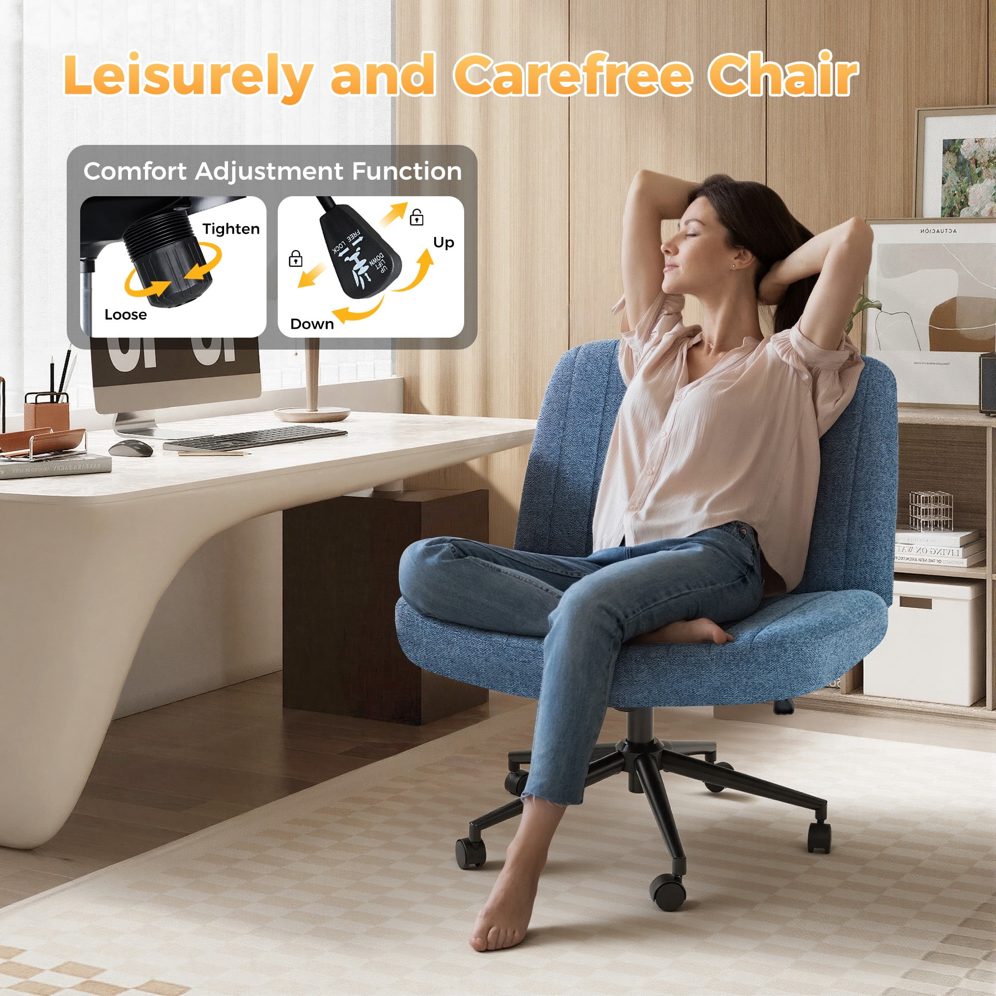 Office Chair Armless Criss Cross Legged Chair with Wheels, Comfy Home Office Desk Chairs, Adjustable Swivel Padded Fabric Vanity Task Computer Chair,Blue