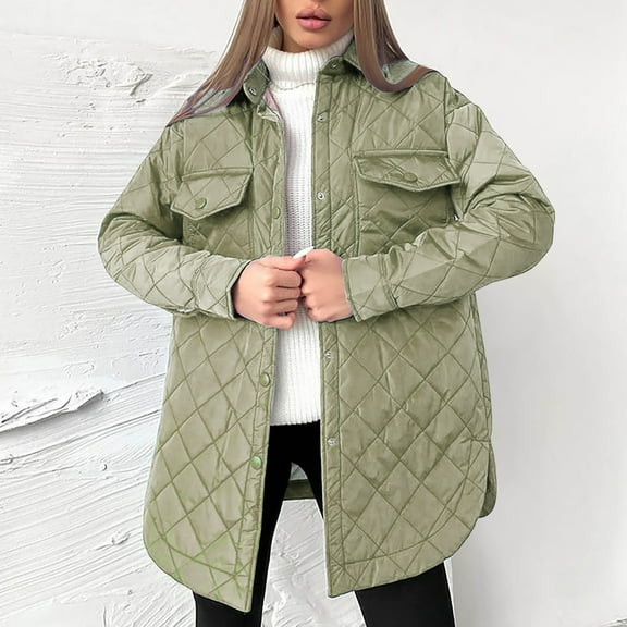 Mid Length Winter Coats for Women Lounge Long Sleeve Lapel Neck Puffy Parkas with Chest Pockets Out Work Solid Color Button Down Split Hem Jackets