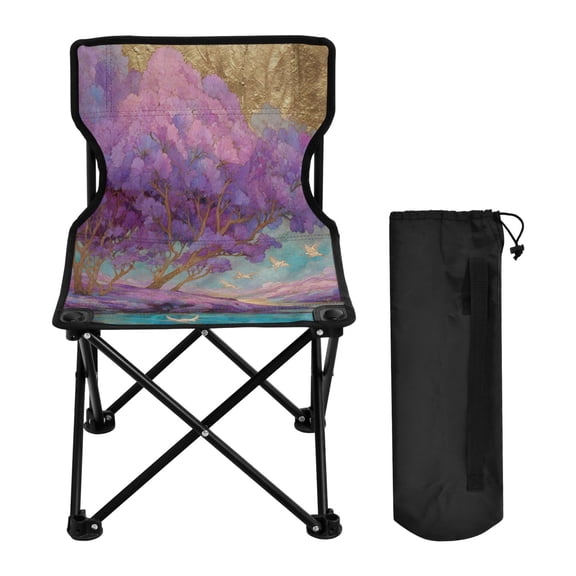 600D Oxford Camping Chair Portable Foldable Chair Supports 220 lbs for Picnic, Fishing, Backpacking Purple Trees