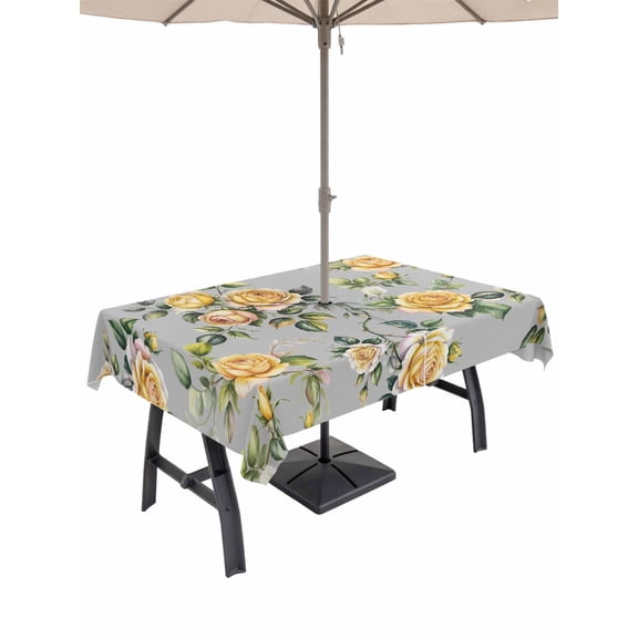 Outdoor Tablecloth with Umbrella Hole, Yellow Rose Spillproof Waterproof Outdoor Table Cover, Vintage Country Botanical Floral Vines Patio Tablecloths for Party Picnic Camping, Rectangle 52"x70"