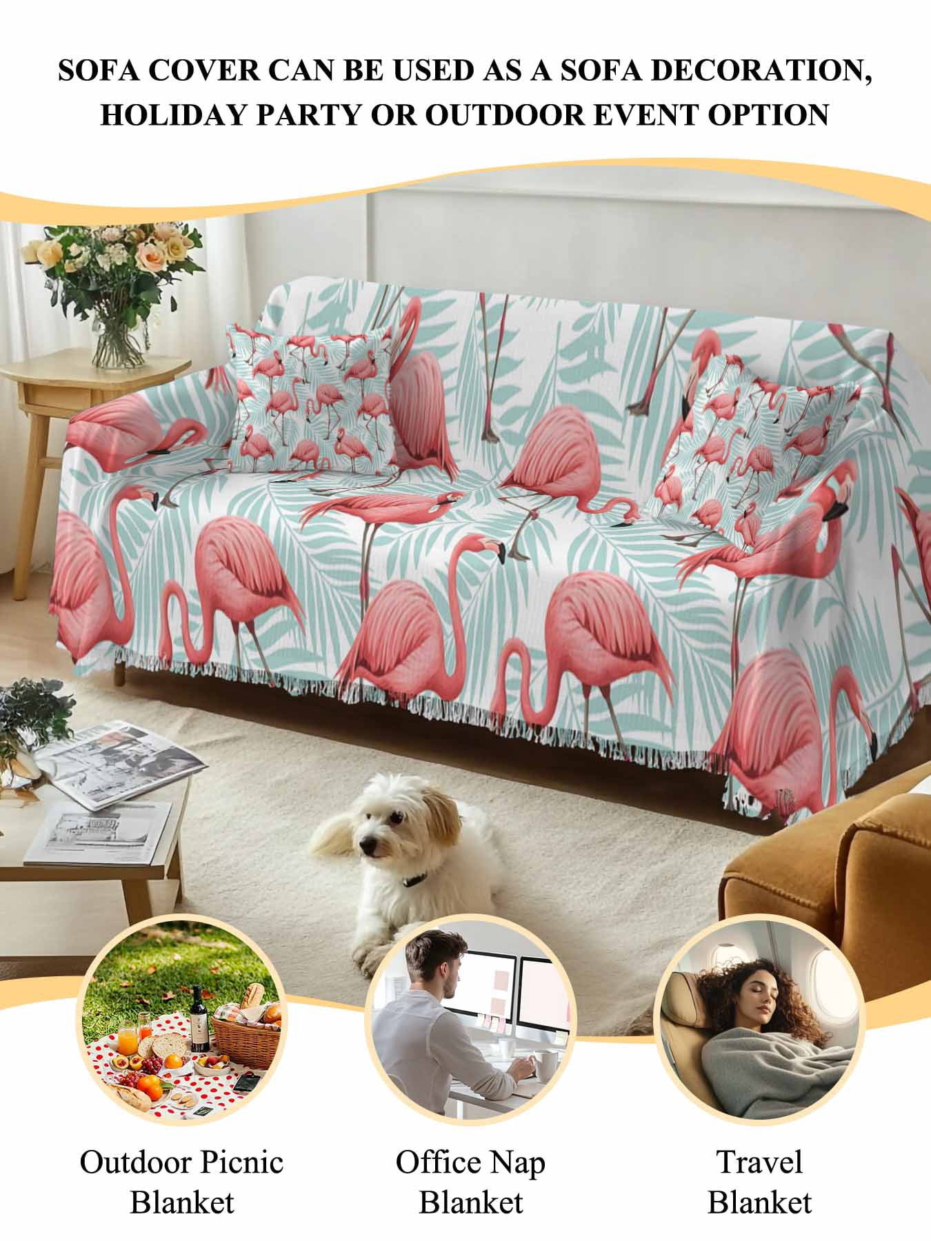 Pink Flamingo Couch Cover, Blue Summer Tropical Plants Leaves Sofa Cover Blanket for Loveseat Couches, Sectional Sofa Slipcover Furniture Protector for Living Room Bedroom 71''x118''
