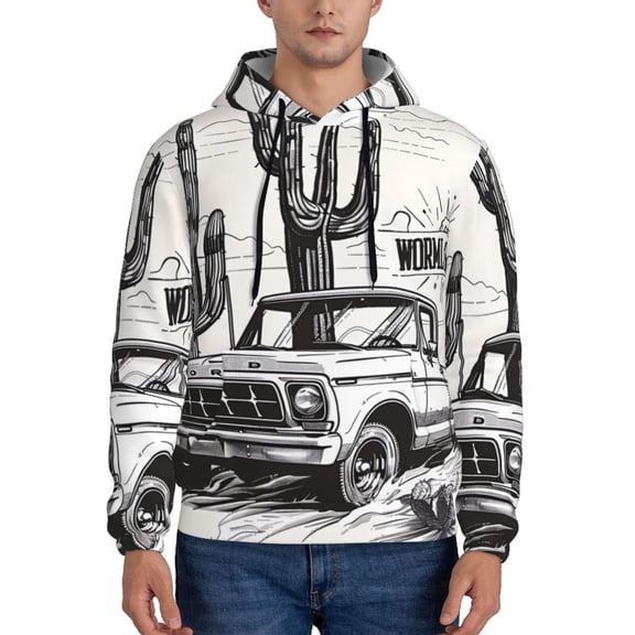 Xecao Vintage Cactus Pickup Pattern Men's Adult Pullover Hoodie,Hooded Sweatshirt-Small