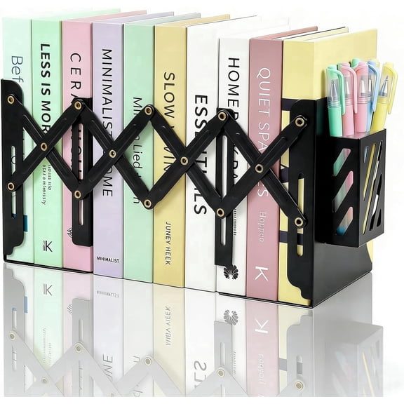 Elezeal Black Metal Expandable Bookends, Desktop Book Organizer with Detachable Pen Holder for Home Office & Shelves