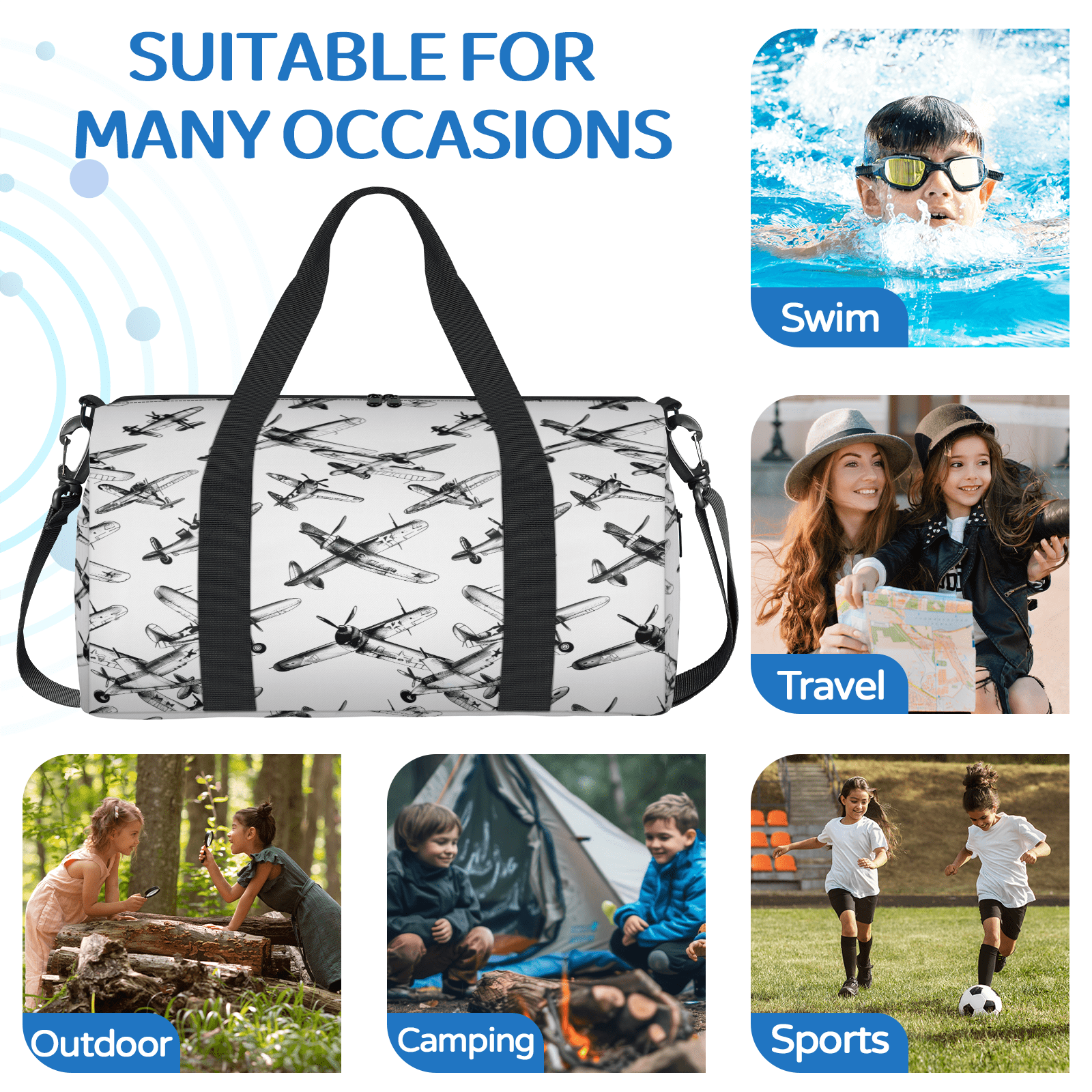 Herdesigns Airplane Pattern Travel Duffle Bag Sports Yoga Weekender Overnight Carry on Workout Bags Lightweight Waterproof Gym Tote Bag for Women