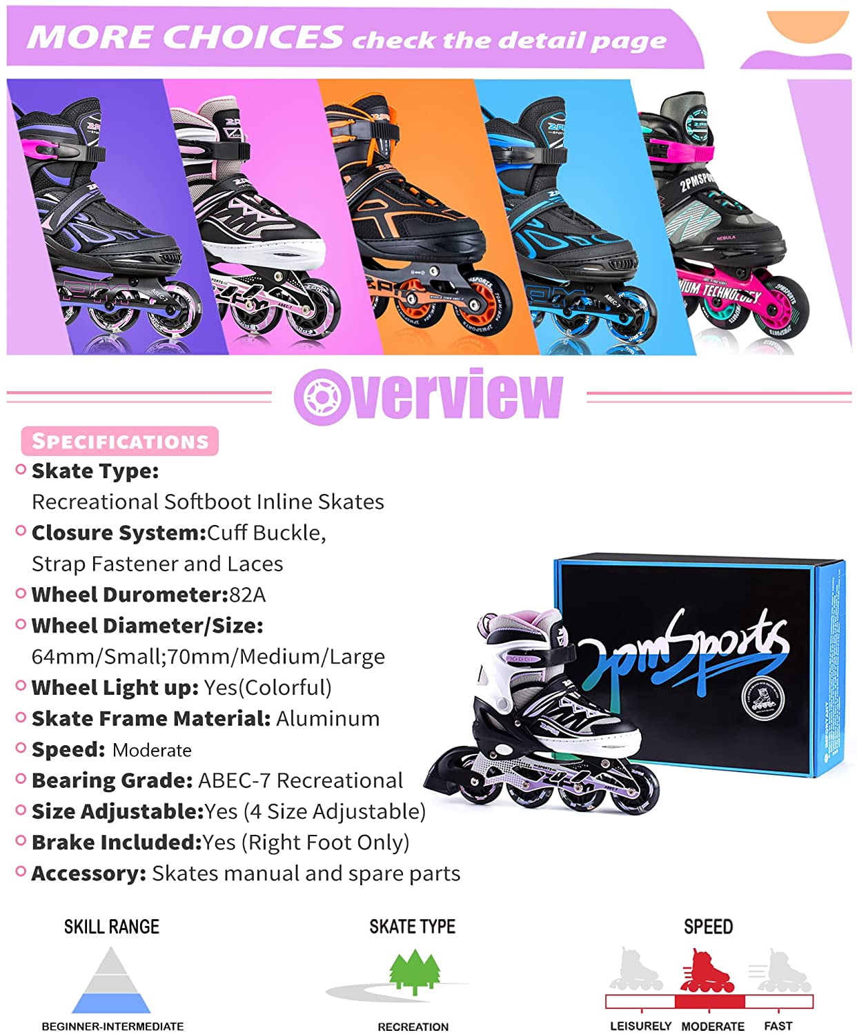 2PM SPORTS Purple Illuminated Inline Skates with Light-Up Wheels, Medium - Big Kids (13C-3Y US), 2.4 kg