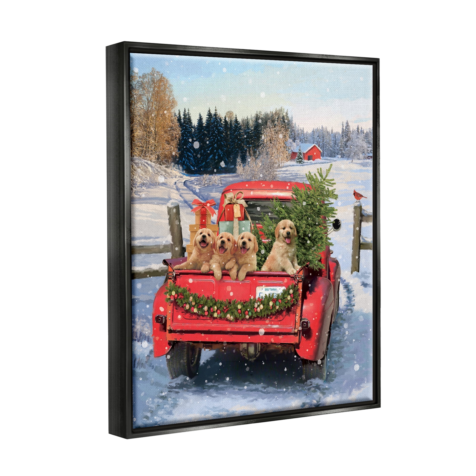 Stupell Industries Puppies in Holiday Truck Holiday Painting Black Floater Framed Canvas Art Print Wall Art, 17 x 21
