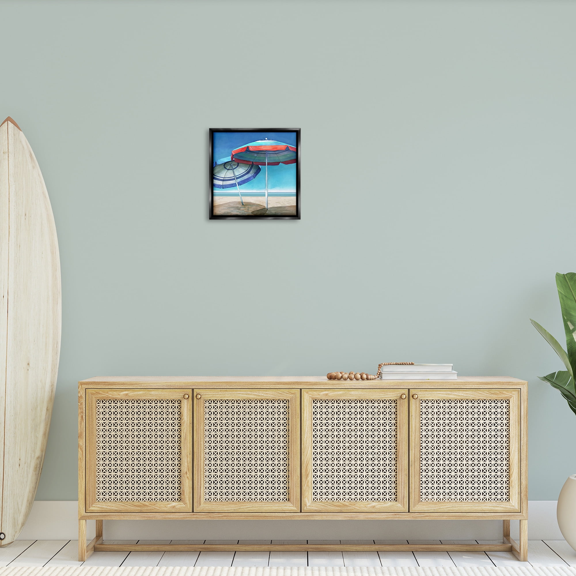 Stupell Industries Beach Umbrella Shadows Landscape Painting Black Floater Framed Canvas Art Print Wall Art, 18 x 18