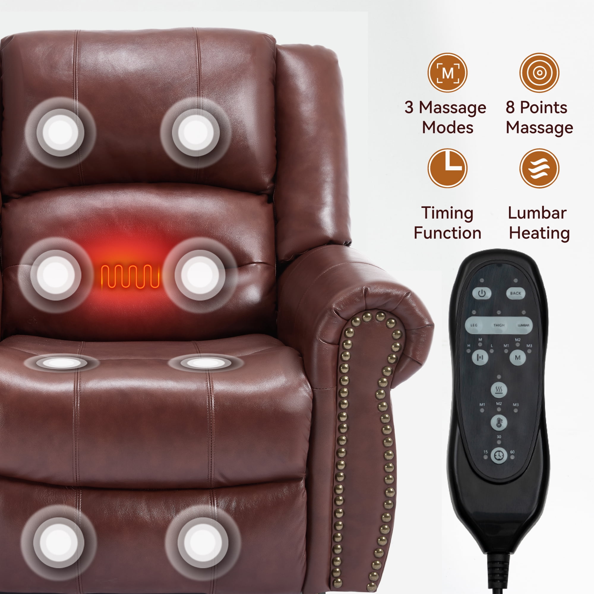 Alvantor Oversize Power Recliner Chair for Elderly, Leather Lift Recliners with Massage and Heat for Living Room Red