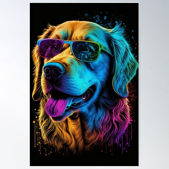 Happy Golden Retriever in 80's Retrowave, Synthwave Style, Dog Artwork, Pet Poster, 12x18 UNFRAMED