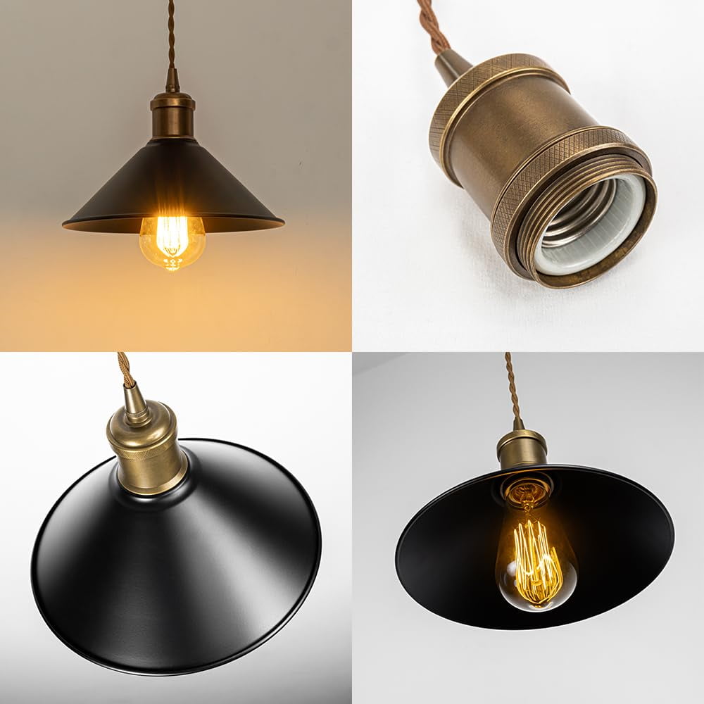 KAYYELAMP Black Metal Lampshade Droplight E26 Copper Base Adjusted Cord Hanging Light Vintage Pendant Light Fixture for Kitchen Island Sink Cafe Home(No Bulb)