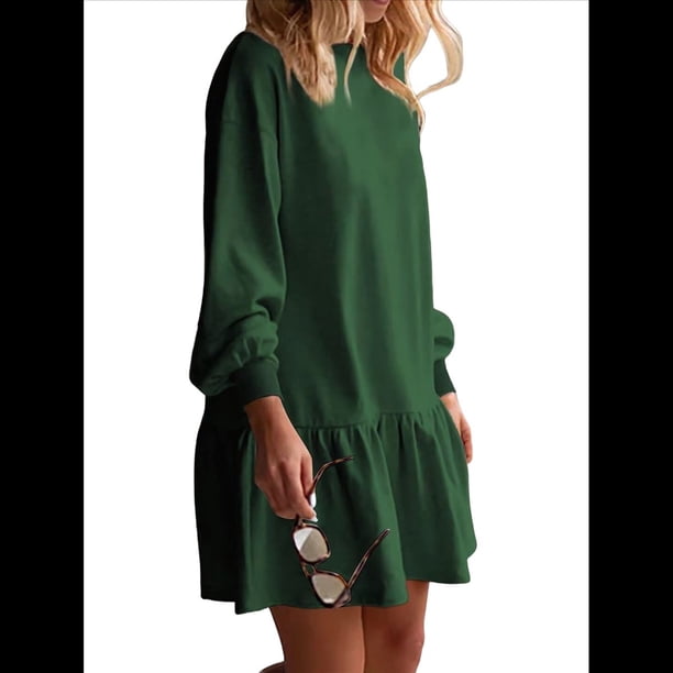 Vestido Estilo Sudadera de Larga para Mujer, Otoño 2025, Cuello Redondo, Punto Acanalado, Patchwork, Minivestidos Informales. Verde XXL