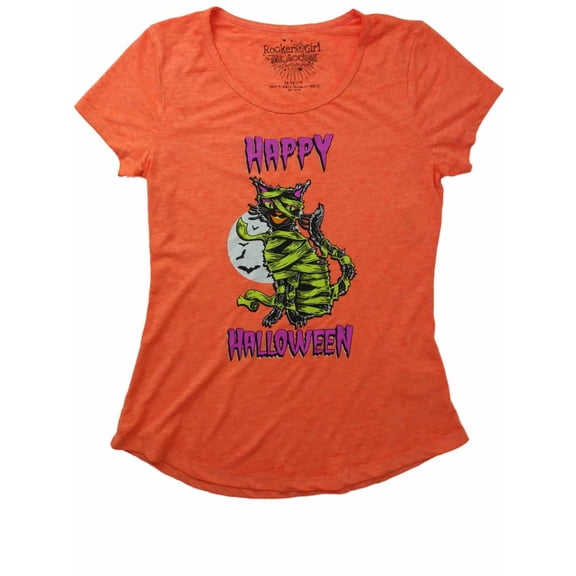 Womens Neon Orange Mummy Kitty Cat Halloween Tee Shirt Moon Black Kitten T-Shirt