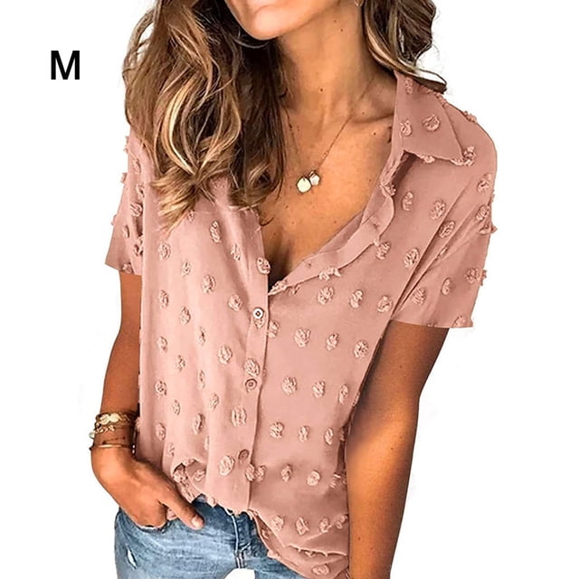 Camisa de mujer Blusa de gasa informal Camisa con botones de manga corta para niña, Rosa, M Vogacara AP001376-17