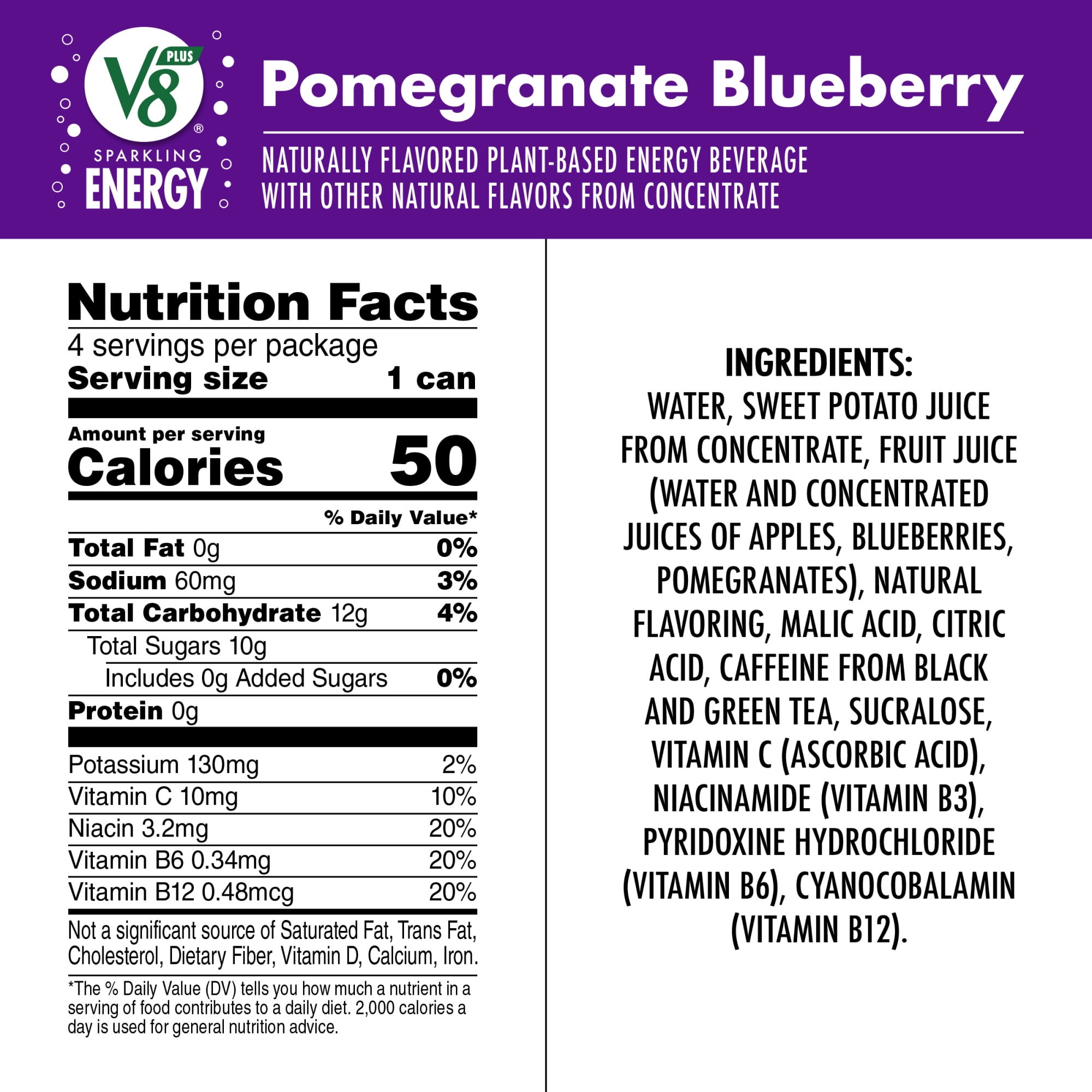 (6 pack) V8 +Energy Sparkling Pomegranate Blueberry Juice Energy Drink, 11.5 fl oz Can, 24 Count (6 Packs of 4)