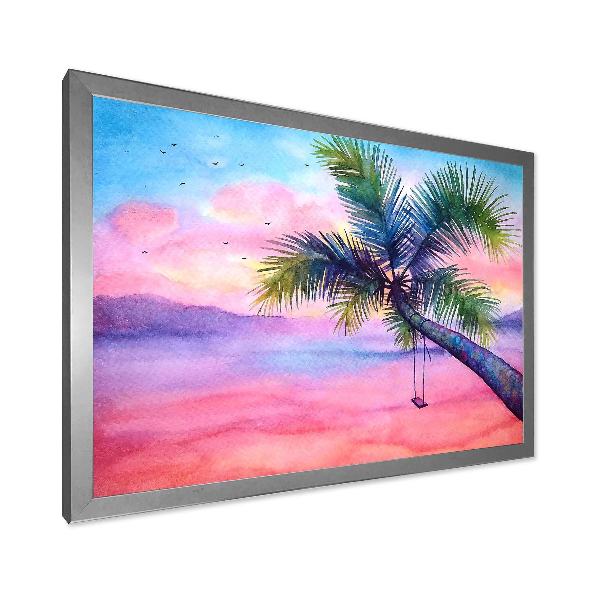 Designart 'Vivid Sunset Landscape With Swing and Palm' Nautical & Coastal Framed Art Print