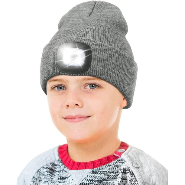 Gorro Sinhoon con luz para niños, unisex, recargable por USB, manos libres, 4 LED, gorro de punto de invierno con luz nocturna, linterna, regalo para niños y niñas (gris)