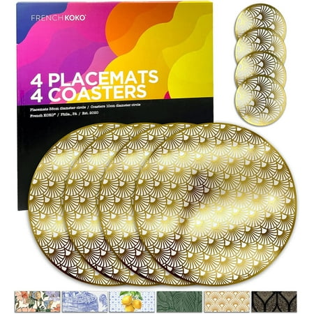 

French KOKO 8 pc Round Heat Resistant Cork Placemats and Coasters for Dining Table Set of 4 Hard Place Mats Cork Backed Placemat Pretty Elegant Decor Kitchen Gold Art Deco Foil Design - Wipe Clean