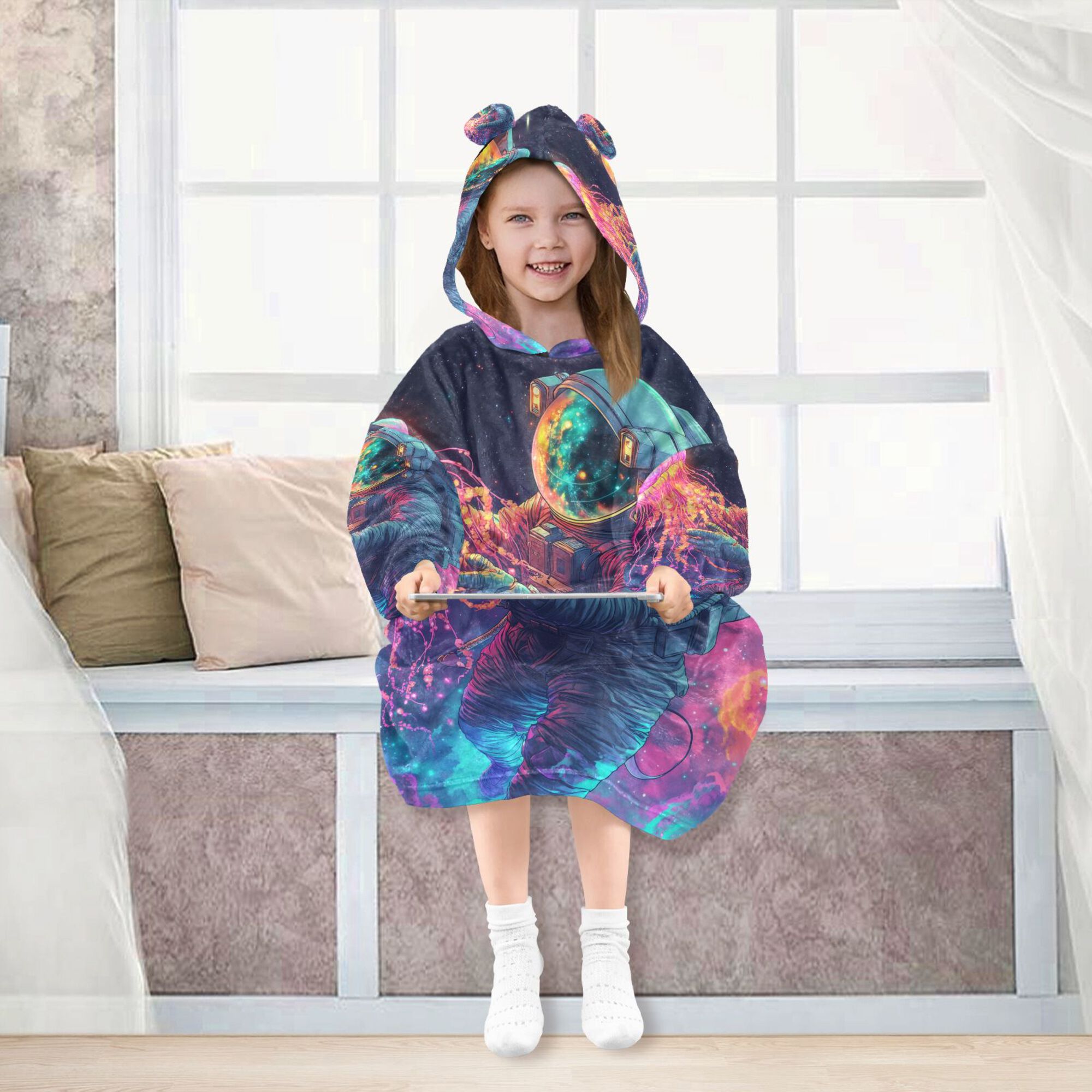 FORMRS Wearable Blanket Hoodie with Sleeves for Kids Cozy Flannel Sweatshirt, Space Astronaut