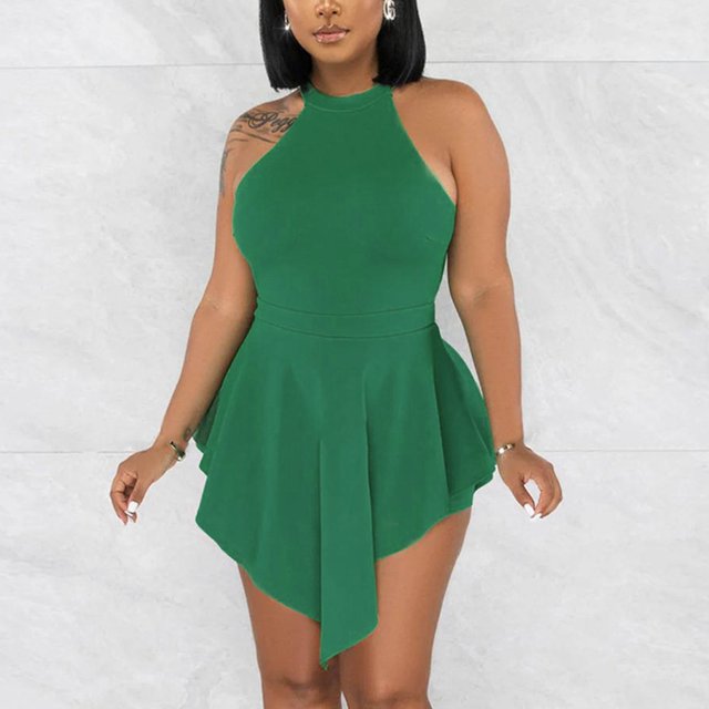 LOVZFMLL Women Color Ssexy Halter Irregular Skirt Hollow Out Split Joint Jumpsuit Green M
