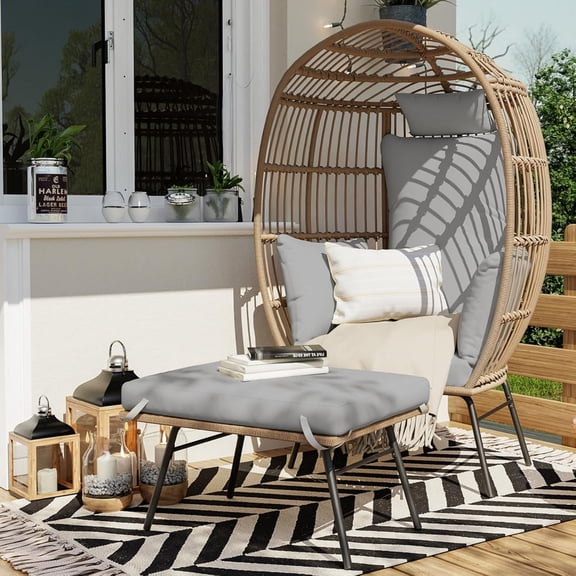 Oversized Wicker Egg Chair with Ottoman - Includes Thick Cushion for Indoor or Outdoor Use, Grey