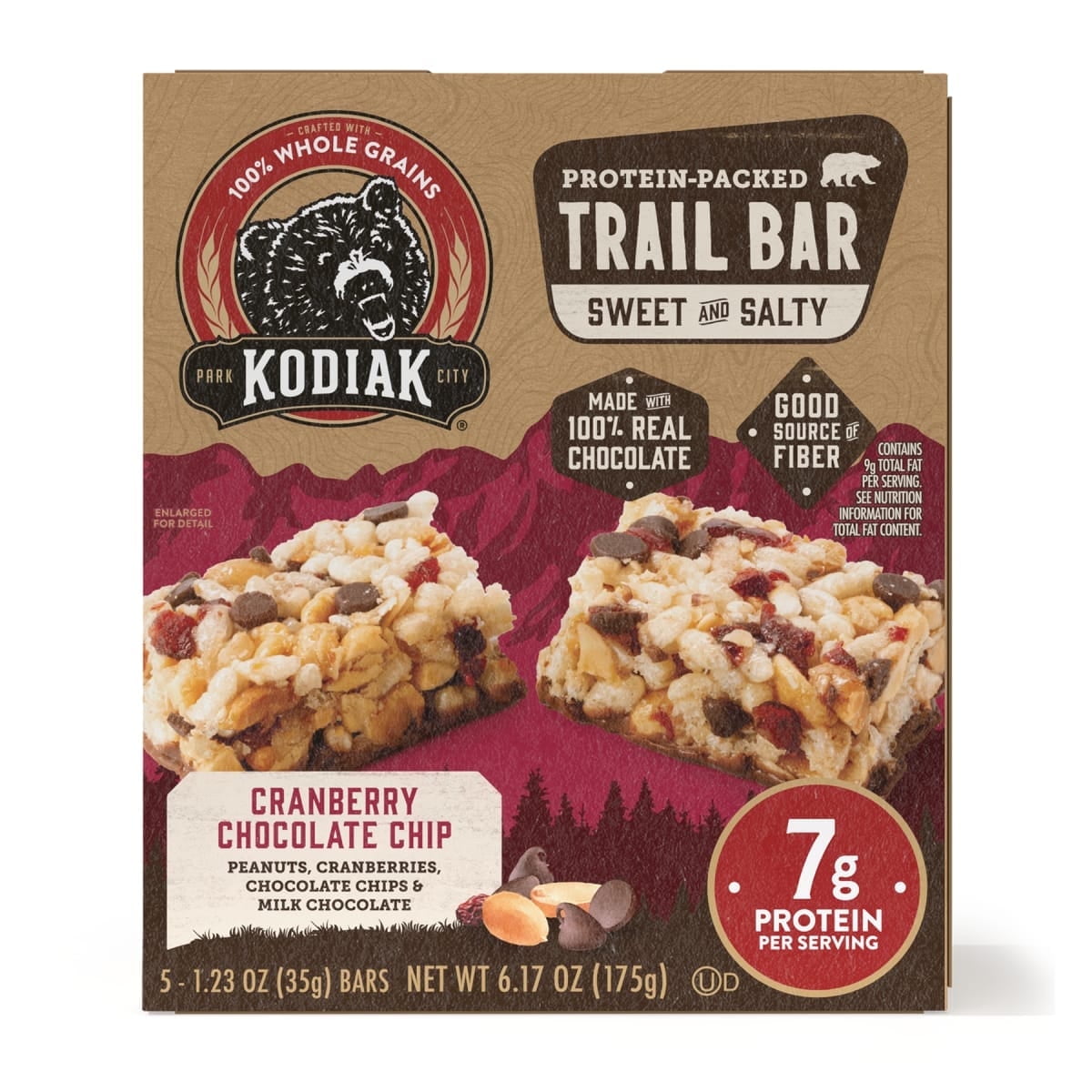 Kodiak Cranberry Chocolate Chip Protein Packed Trail Bars, 1.23 oz, 5 Count Cardboard Box