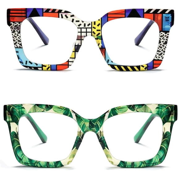 2 Pack Square Blue Light Glasses for Women Men, Colorful Pattern PC Frame Computer Gaming Office Screen Use