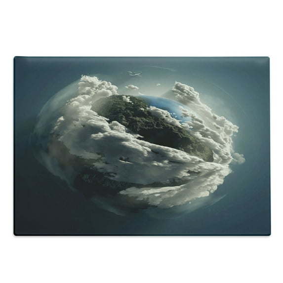 Earth Cutting Board, Planet Surrounded by Majestic Clouds Dramatic Aerial View Earth Environment, Decorative Tempered Glass Cutting and Serving Board, Large Size, Petrol Blue White, by Ambesonne