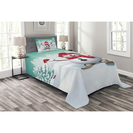 Mountain Twin Tip Skis Christmas Bedspread Set, Snow Covered Mountain with Fir Trees and Skiing Snowman Fun Holiday Activity, Decorative Quilted Coverlet Set with Pillow Shams Included, Teal Red White, by Ambesonne ()