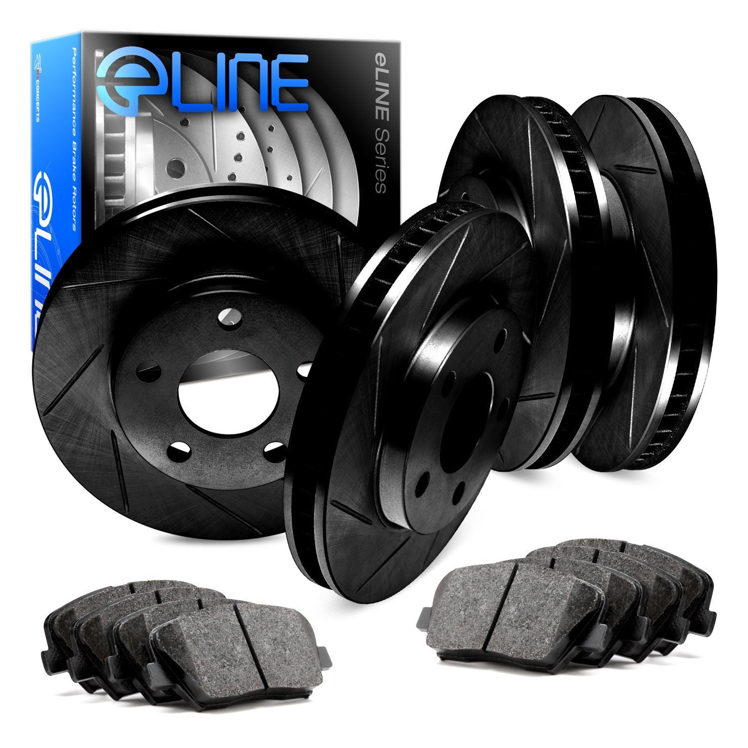 R1 Concepts eLINE Series Front Black Drilled and Slotted Brake Rotors with Ceramic Brake Pads Compatible For 2013-2019 Hyundai Santa Fe Santa Fe XL