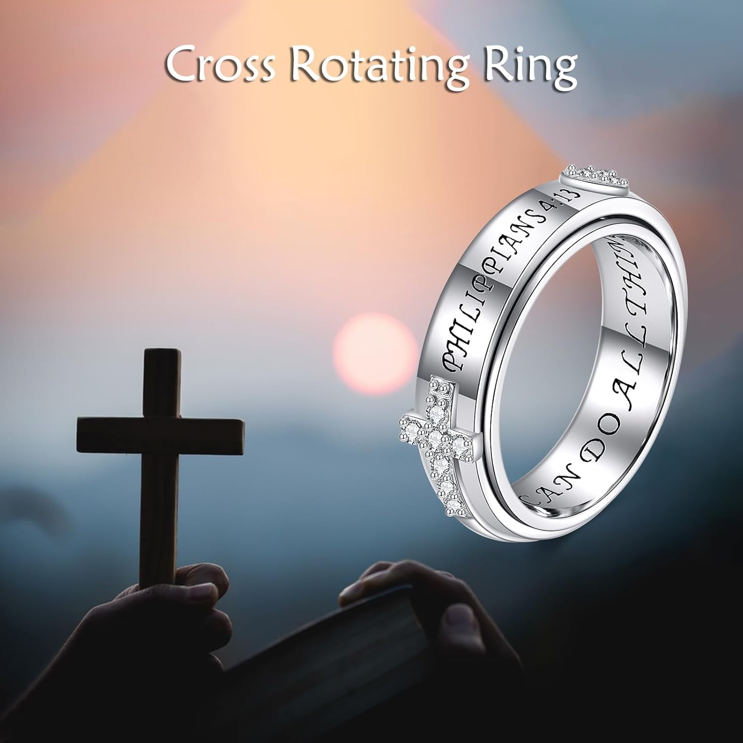 YAFEINI 925 Sterling Silver Anxiety Fidget Spinner Ring Size7/8 Cross Heart Engraved Ring Zircon Jewelry Gift for Women Men