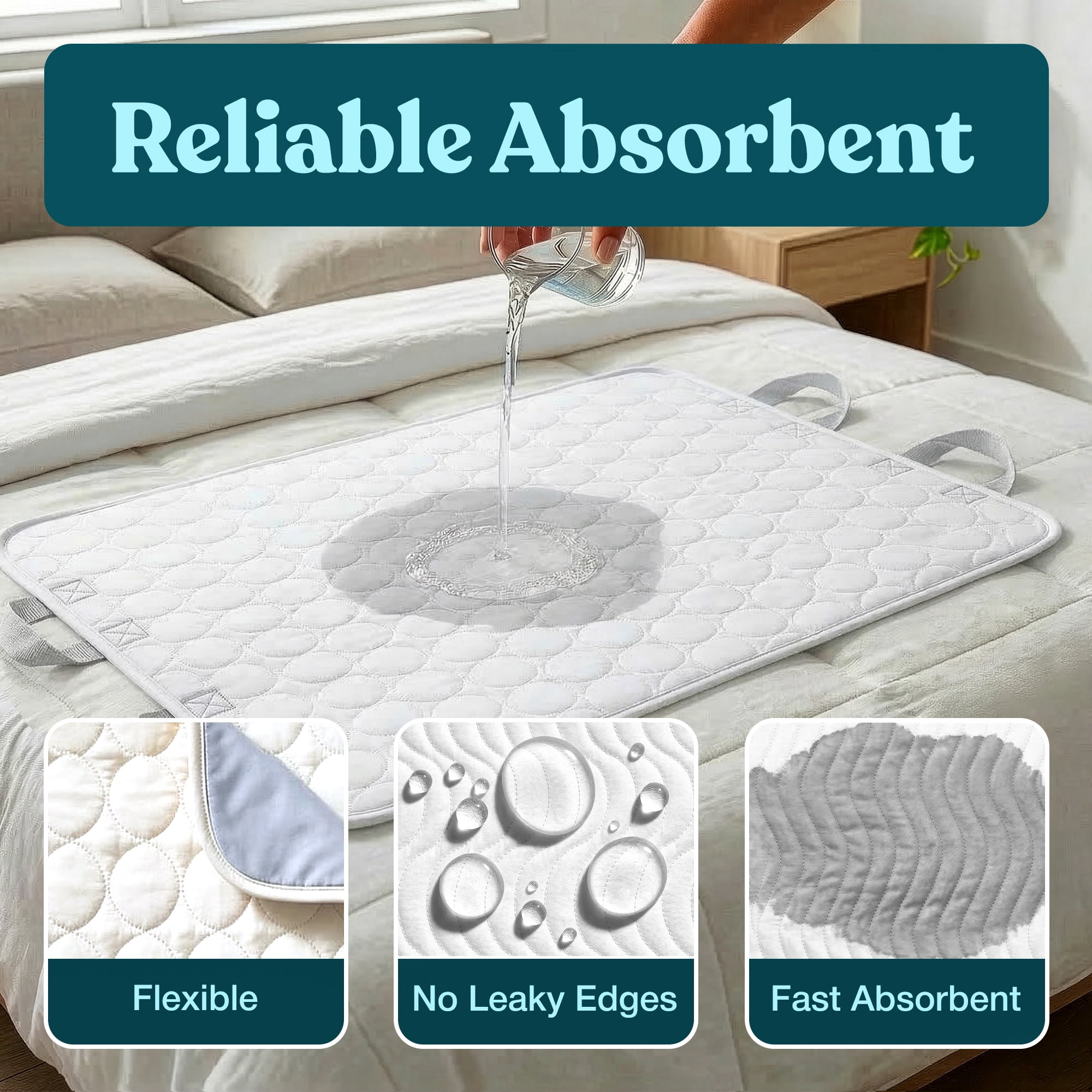 Snugwell Reusable Absorbent Positioning Bed Pads with Handles, Washable Underpads, 6 Count, 34" x 36"
