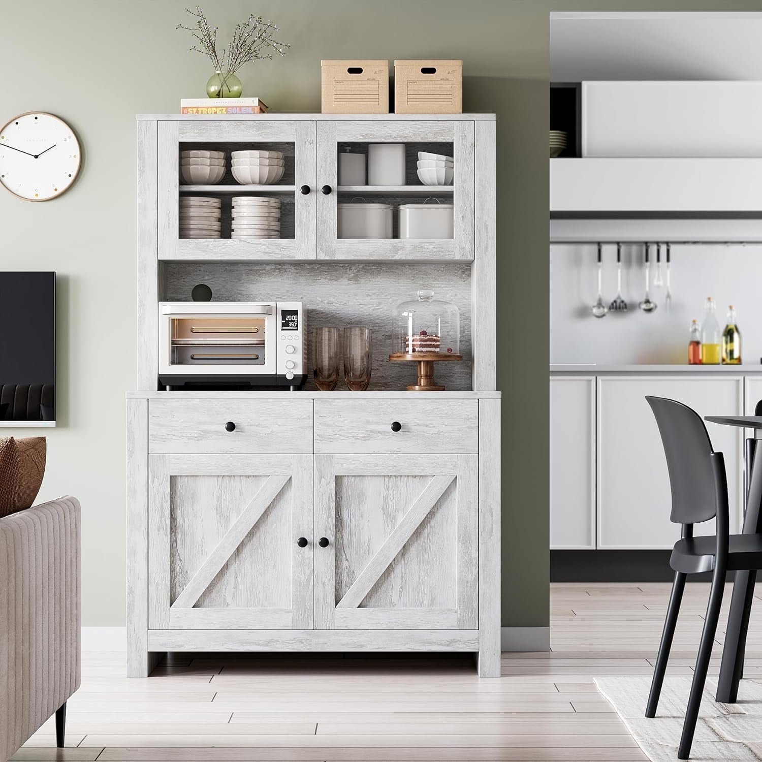 Kitchen Pantry Cabinet with Microwave Stand, Freestanding Hutch Cabinet with Buffet Cupboard, Tall Storage Cabinets with Adjustable Shelves for Kitchen, Dining Room