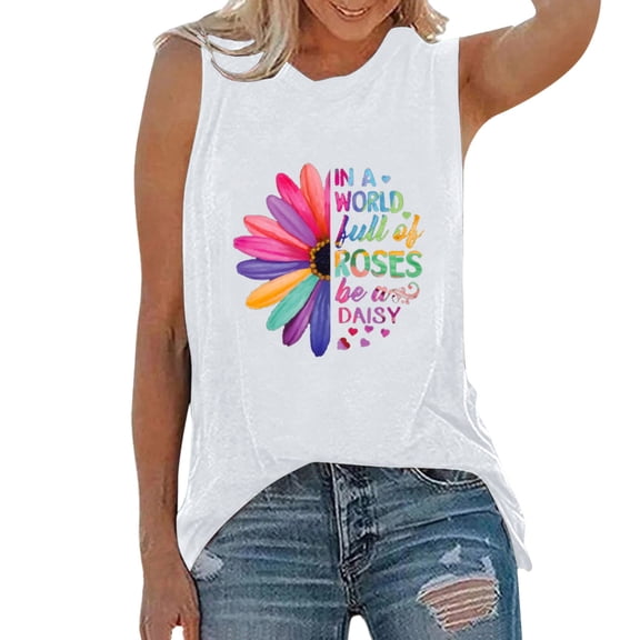 WEIWEN in A World Full of Roses Be A Daisy Graphic Tees for Women Tank Tops Loose Fit Summer Sleeveless Athletic Workout Shirts White, XXL