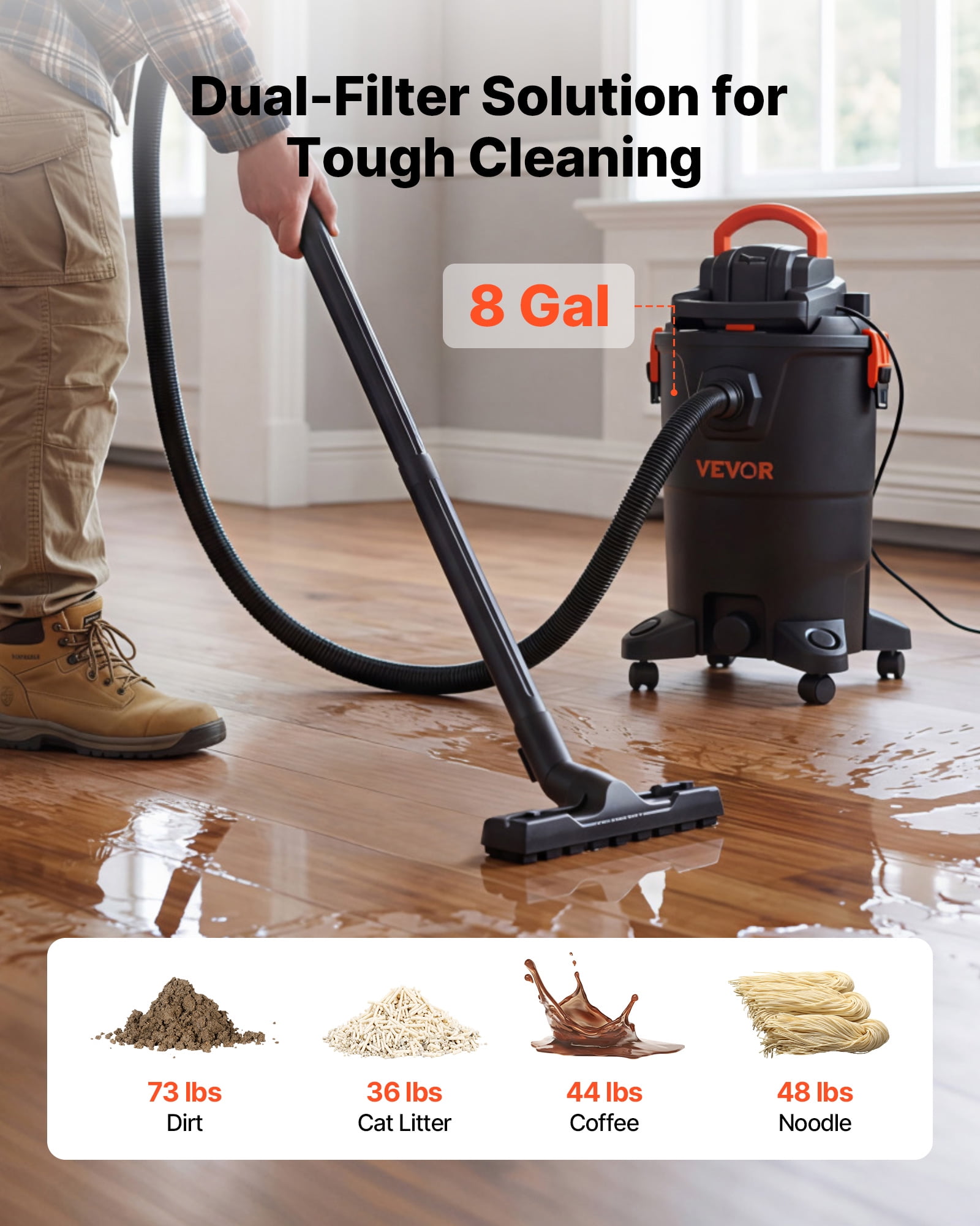 VEVOR 3-in-1 Shop Vac, 11 Gallon Wet Dry Shop Vacuum, 4.5 Peak HP Portable Vacuum Cleaner with Blower, Dual-Filter, 1350W Input Power, 1.25in x 7ft Hose, 9.8ft Cord for Jobsite, Workshop, Garage