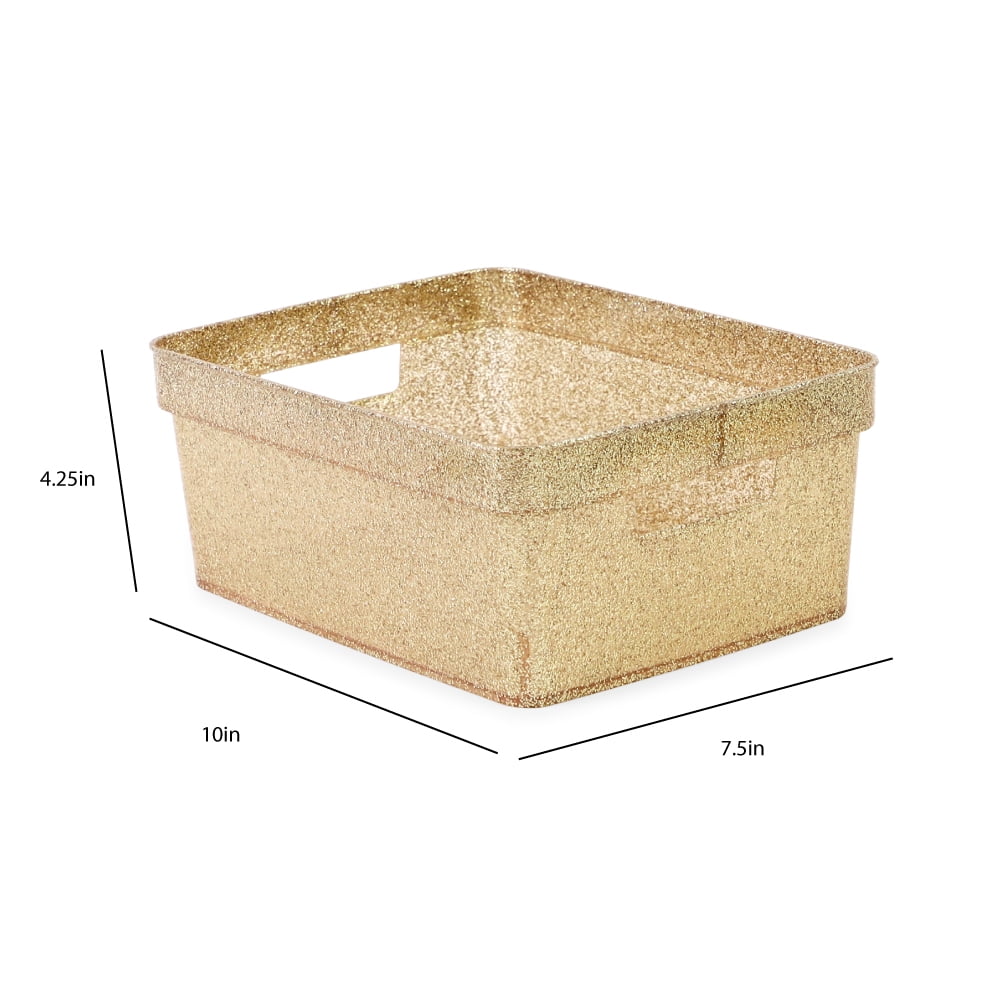 Isaac Jacobs 4-Pack Small Gold Glitter Storage Bin Set with Cut-Out Handles, Plastic Organizers