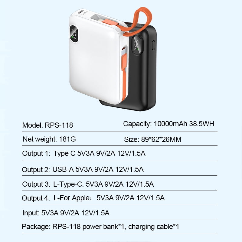 ShineFuture Power Bank 10000mAh 22.5V Fast Charging Battery Pack,With Type-C connector and Lightning connector charging cable，Supports charging of cell phones and mobile devices，White-1pc