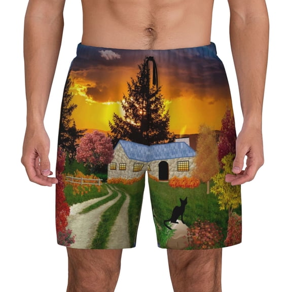Xecao Fall Village Scenery for Men's Swimming Trunks Swim Trunks Quick Dry Swim Shorts with Mesh Lining Funny Swimwear Bathing Suits
