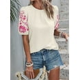 thumbnail image 6 of Women Floral Embroidered Textured Tops Crewneck Puff Short Sleeve Casual Loose Solid Embroidery Blouses Shirts L, 6 of 9