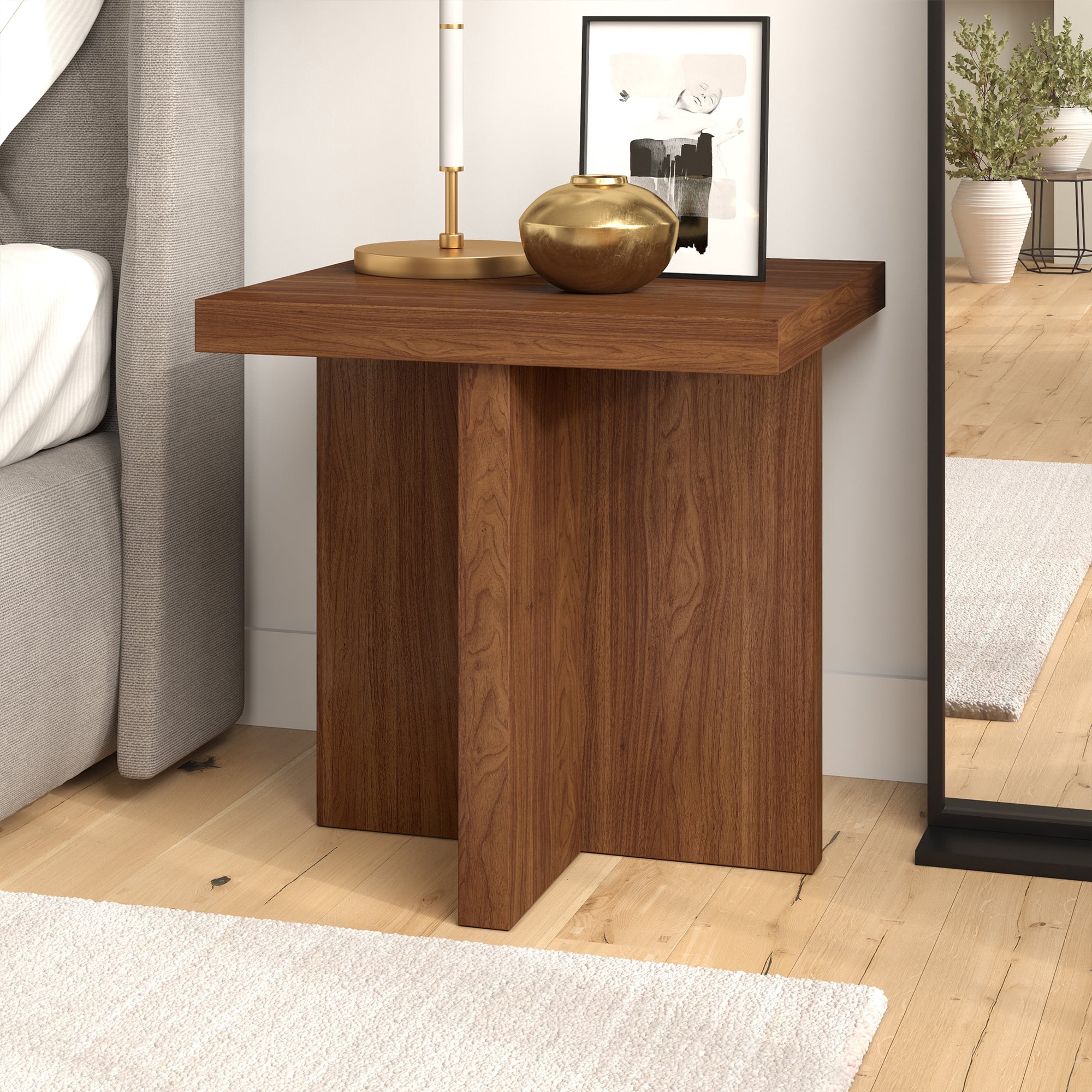 Evelyn&Zoe Elna 22" Wide Square Side Table in Satin Walnut