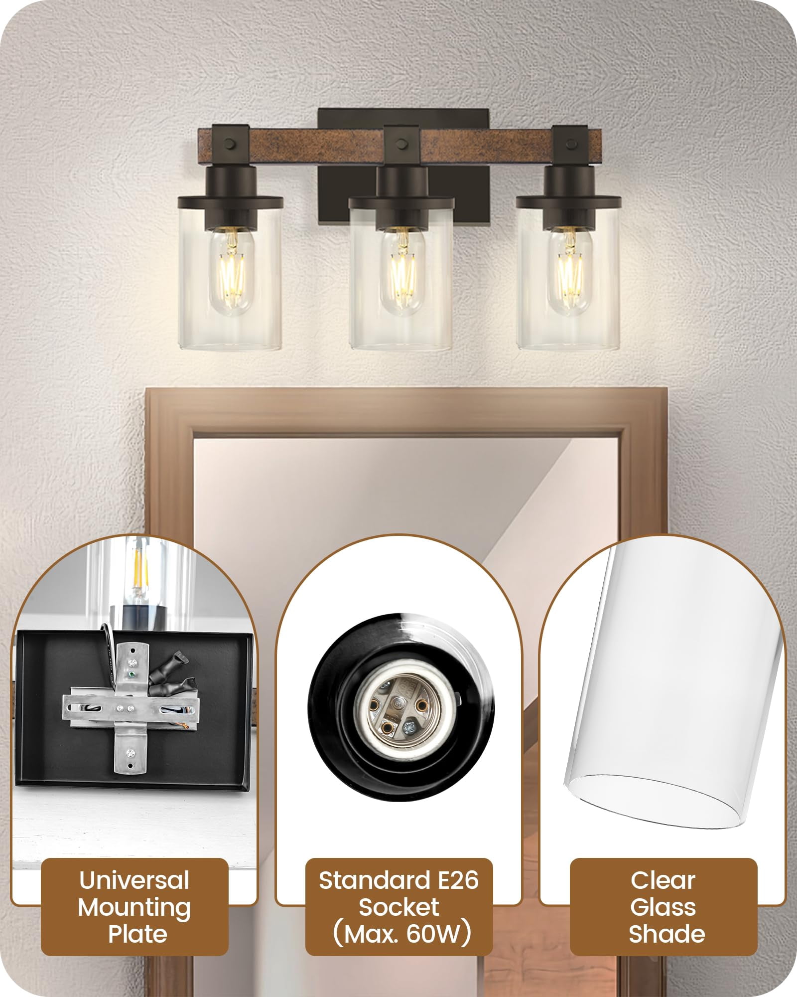 3-light Bathroom Light Fixture  Farmhouse Vanity Lights For With Glass Shade Rustic Fixtures E26 Base F08bd05