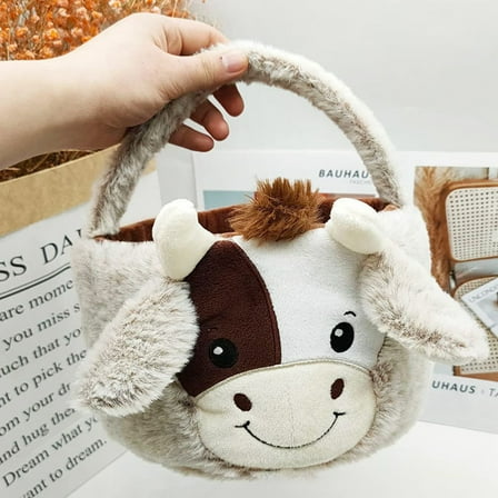 HBBKVI Cute Cow Easter Basket, Brown, 10x8x6in, Filled Cotton Tote for Boys & Girls, Easter Egg Hunting Gift Bag, Party Decorations Candy Holder