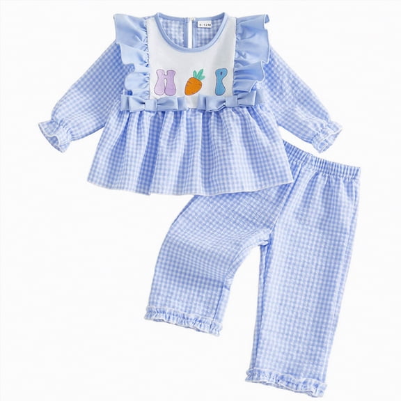HCNTES Toddler Girl Clothes 18M-8T Girls Fall Winter Outfit, Long Sleeve Ruffle Bowknot Top Floral Pants 2Pcs Clothing Set(Blue,6-12 Months)