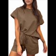 thumbnail image 1 of Conjunto de Pijama de 2 Piezas para Mujer, Color Liso, Cuello Redondo, Informal, de Tela Texturizada, Corta, Color Café, XL, 1 of 7