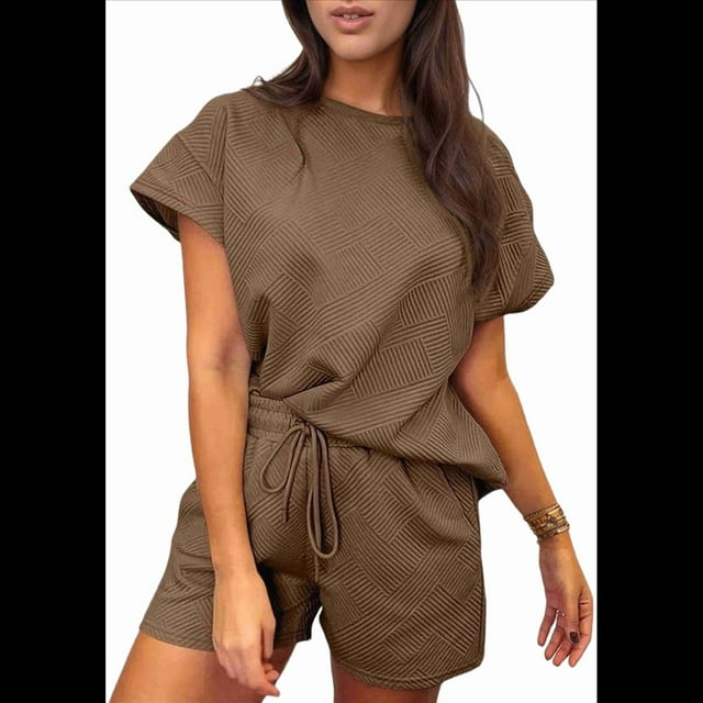 Ensemble de Survêtement pour Femme 2 Pcs, Couleur Unie, Col Rond, Tissu Texturé Décontracté, Manches Courtes, Pyjama, Couleur Café, S