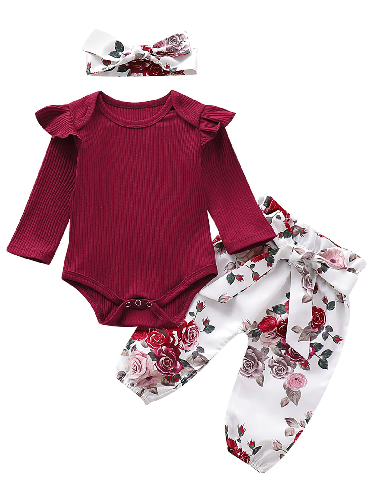 Infant Baby Girls Summer Autumn Outfits Flutter Solid Color Knitted Cotton Tops Striped Floral Pants Bodysuits 2Pcs