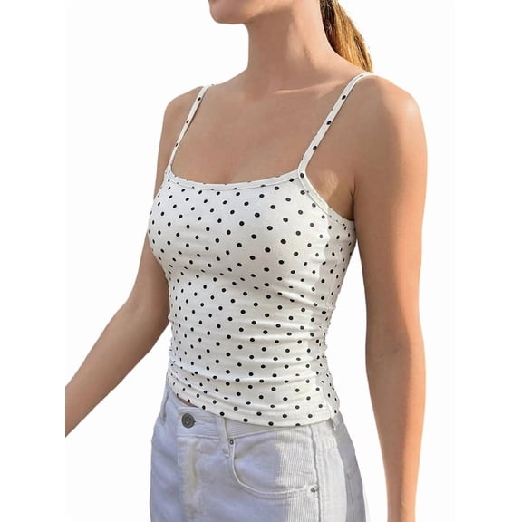 Women's Sleeveless Cute Cropped Tank Tops Polka Dots Going Out Camisole for Summer White S