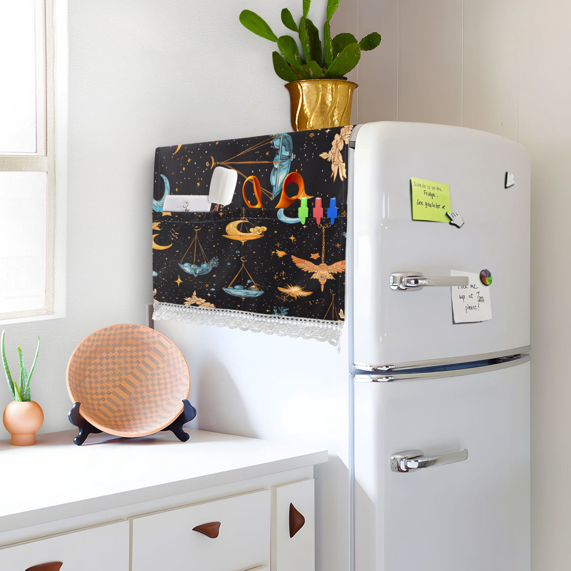 Cartoon Libra PatternWasher and Dryer Covers Dust-Proof and Oil Resistant Fridge Cover with 4 Storage Pockets Washing Machine Top Cover for Laundry Kitchen Home 51.2 x 22 In