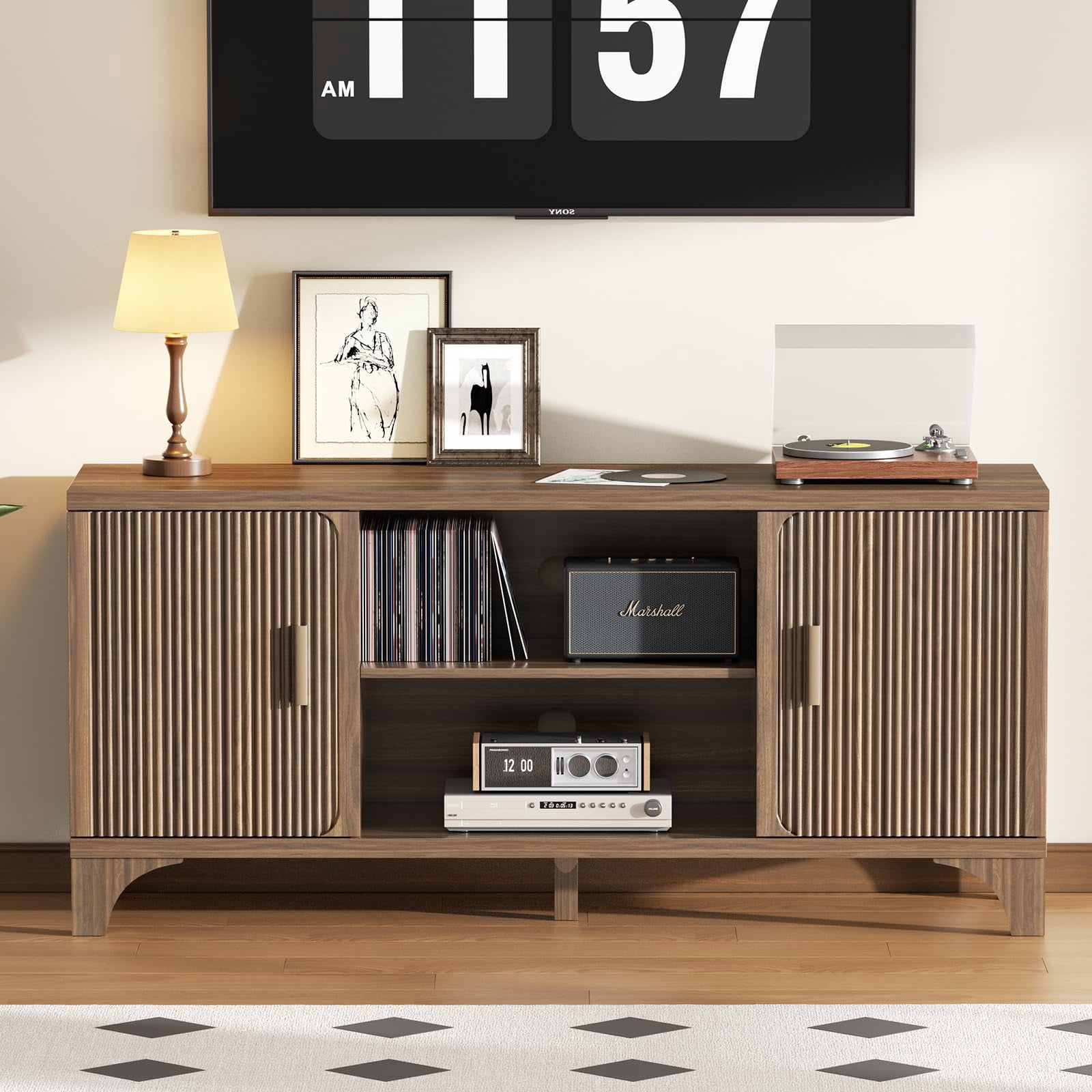 Vebreda 58 Inch Tall Modern TV Stand for 55"/65" TVs, Mid-Century Entertainment Center with Storage, Walnut